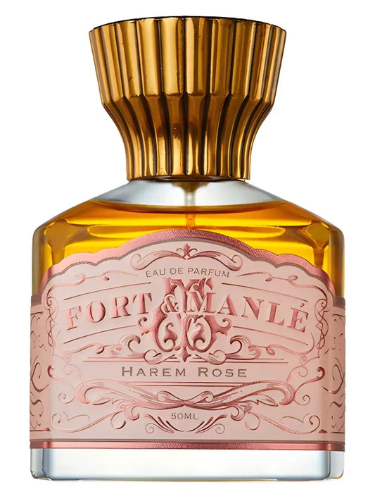 A short, square glass bottle of Fort & Manlé Harem Rose 100ml from Australia, topped with a distinctive heavy gold crown cap and a pink floral-patterned label.
