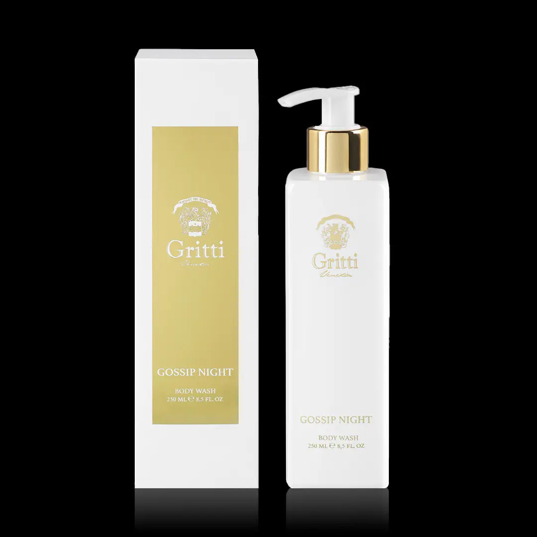 250ml white rectangular Gritti Gossip Night body wash bottle with a gold pump and matching gold-labeled white box.