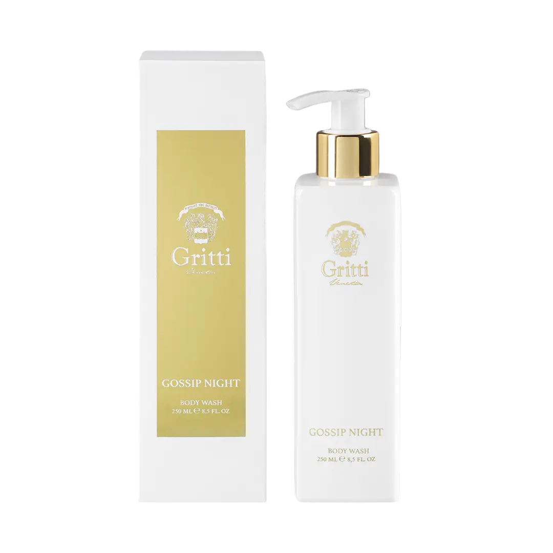 250ml white rectangular Gritti Gossip Night body wash bottle with a gold pump and matching gold-labeled white box.
