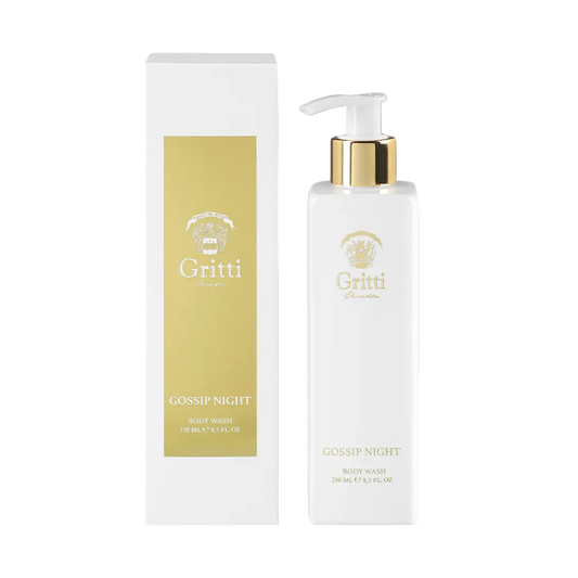 250ml white rectangular Gritti Gossip Night body wash bottle with a gold pump and matching gold-labeled white box.