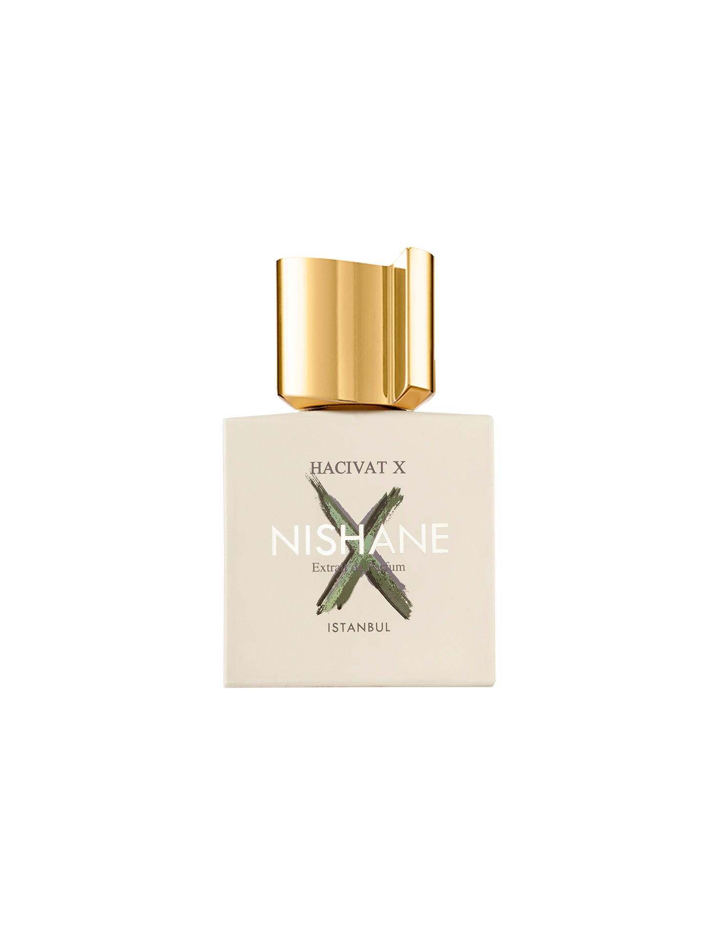 100ml Square cream bottle with a large green "X" behind the Nishane logo and a sculptural gold cap.