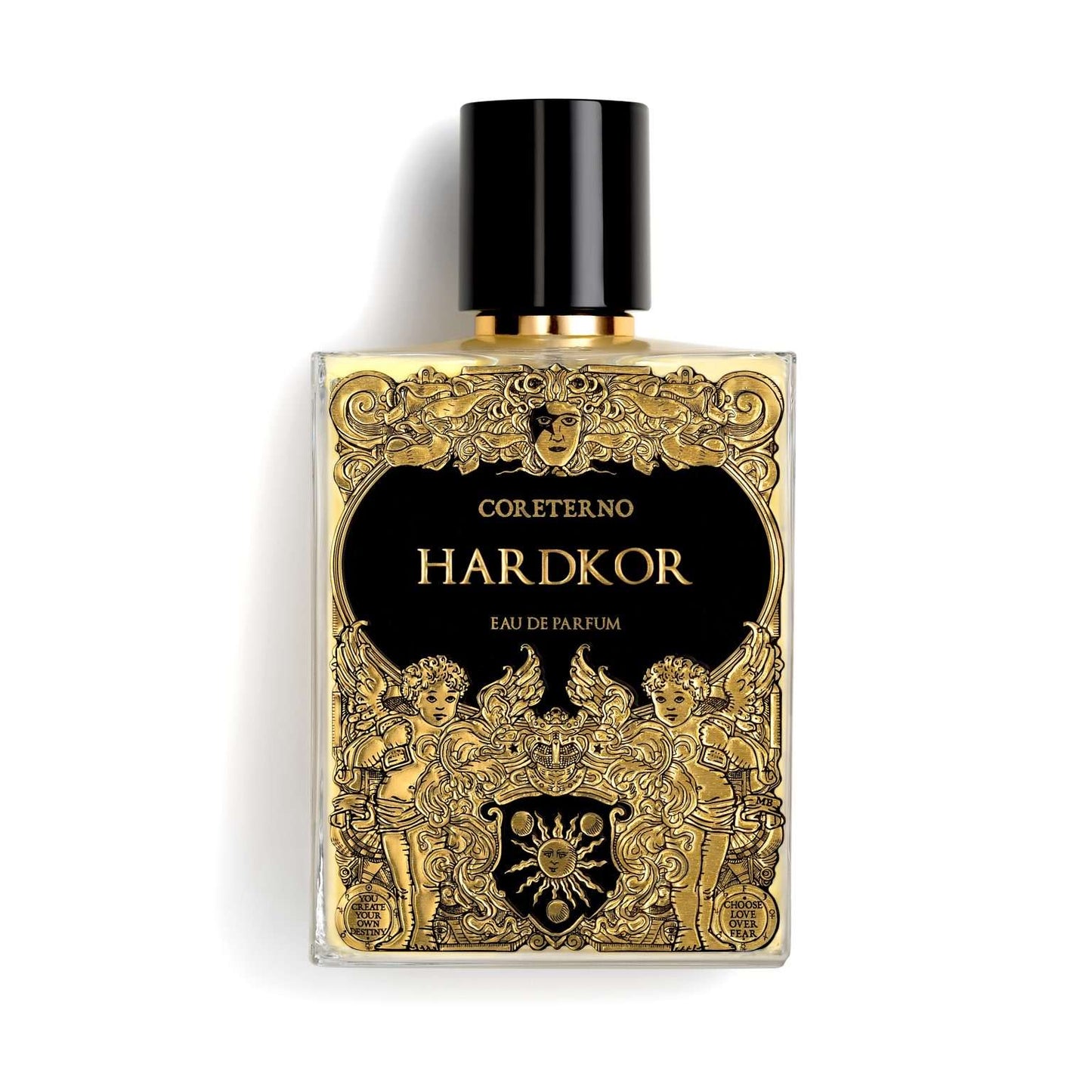 100ml glass bottle with a black cap and an ornate gold label featuring angels and a sun emblem on a black background.