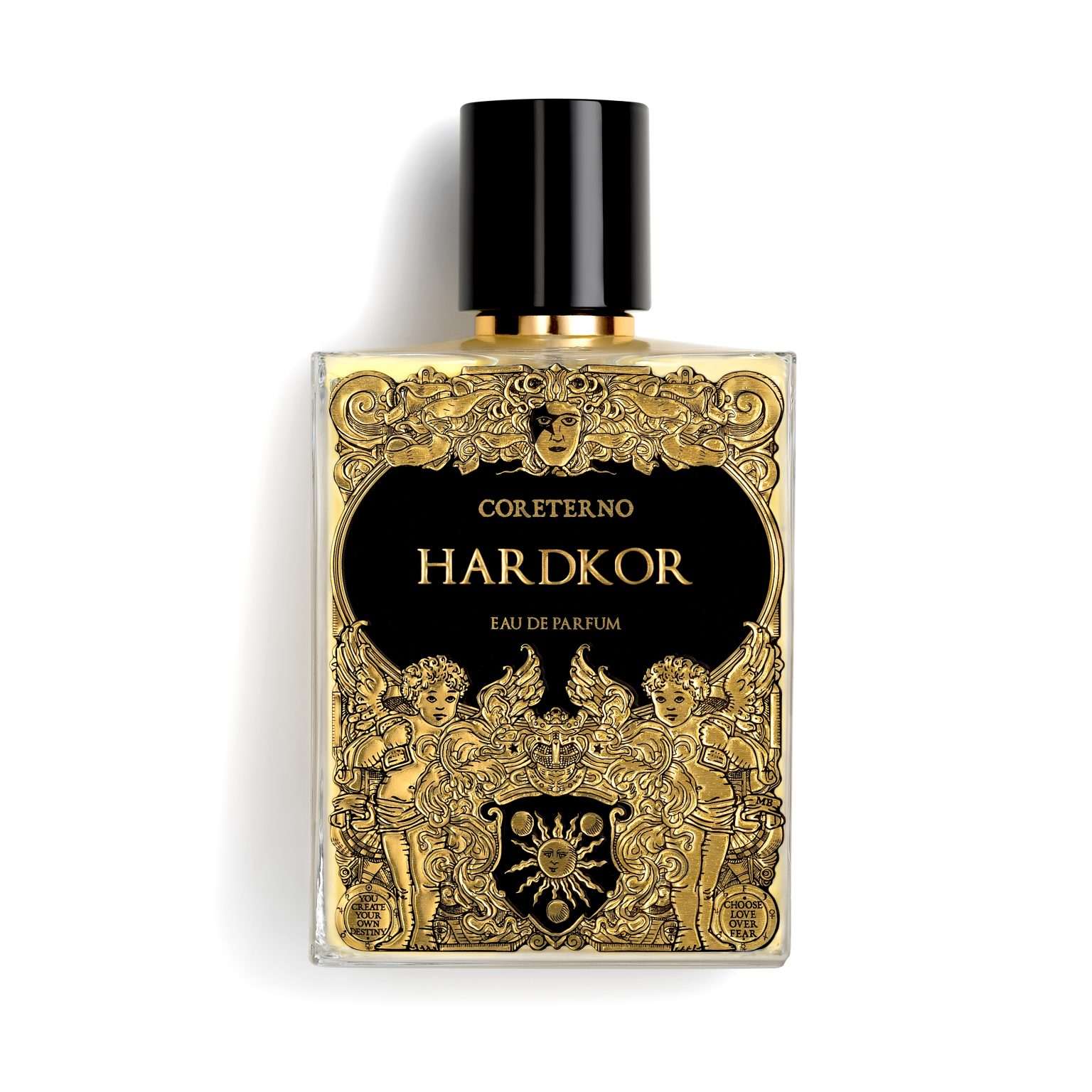 100ml glass bottle with a black cap and an ornate gold label featuring angels and a sun emblem on a black background.