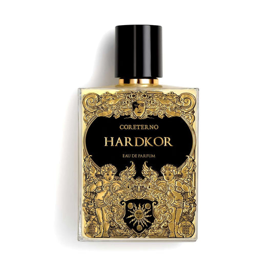 100ml glass bottle with a black cap and an ornate gold label featuring angels and a sun emblem on a black background.