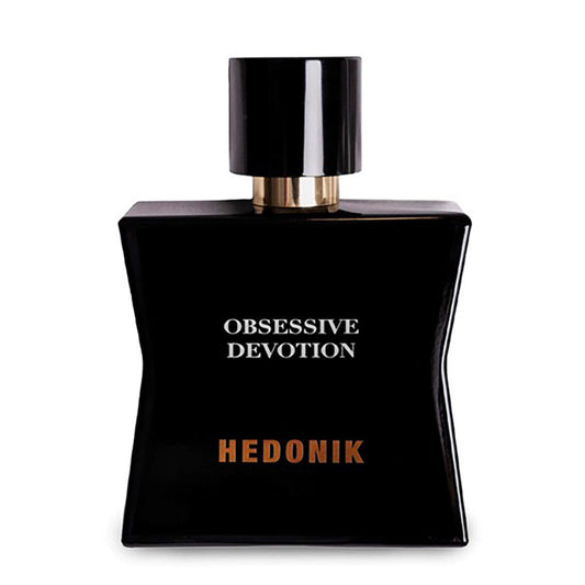 30ml black hourglass Hedonik Obsessive Devotion bottle with a tall black cap and orange brand lettering.