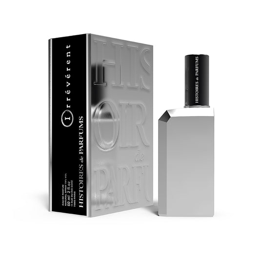 A 60ml sleek glass bottle of Histoires de Parfums Irreverent Eau de Parfum from France, featuring the brand's signature vertical label design and a minimalist black cap.