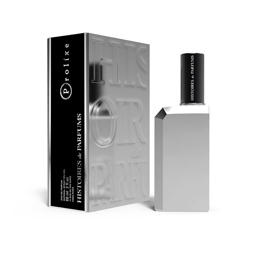 A 60ml minimalist silver-toned bottle of Histoires de Parfums Prolixe Eau de Parfum from France, displayed with its luxury black and silver packaging.