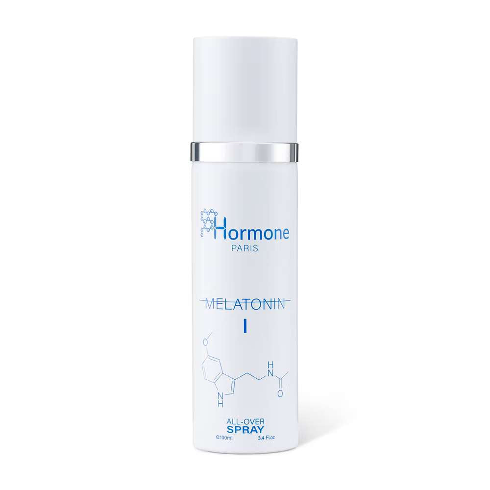 100ml tall white cylindrical Hormone Paris Melatonin I spray bottle with a silver band and white cap.