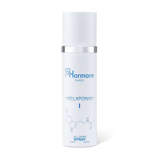 100ml tall white cylindrical Hormone Paris Melatonin I spray bottle with a silver band and white cap.