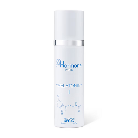 100ml tall white cylindrical Hormone Paris Melatonin I spray bottle with a silver band and white cap.