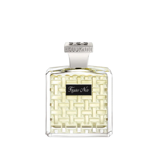 A 100ml square glass bottle of Houbigant Paris Figuier Noir Eau de Parfum from France, featuring a distinctive textured lattice pattern in the glass and a black label.