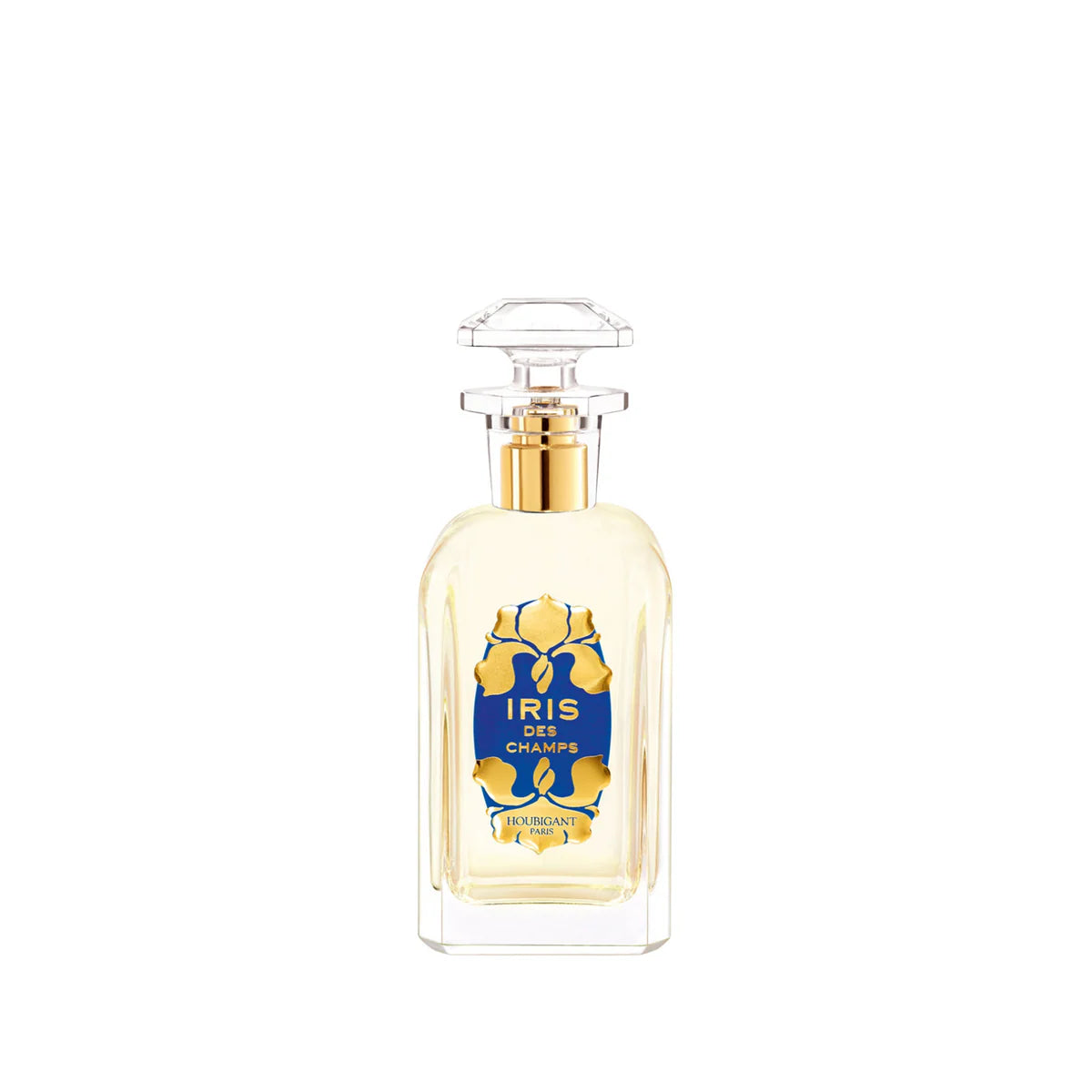 An elegant 100ml tall glass bottle of Houbigant Paris Iris des Champs Eau de Parfum from France, decorated with a blue and gold crest and a clear crystal-style cap.