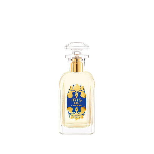 An elegant 100ml tall glass bottle of Houbigant Paris Iris des Champs Eau de Parfum from France, decorated with a blue and gold crest and a clear crystal-style cap.