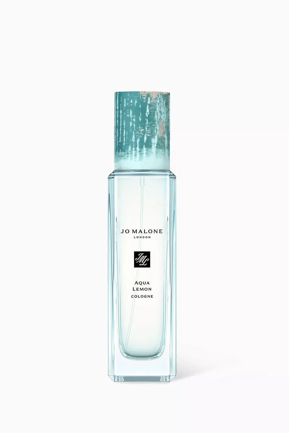 30ml slender Jo Malone Aqua Lemon bottle with a textured teal and sand cap and a minimal white label.