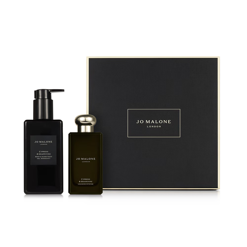 Jo Malone gift set with 100ml black Cologne Intense bottle and 250ml Body Wash in a black box.