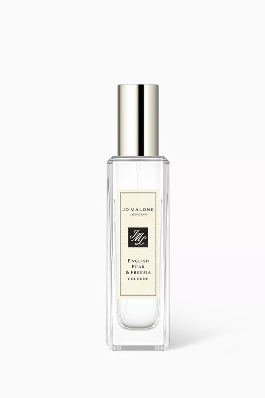 30ml slender Jo Malone English Pear & Freesia bottle with a silver cylindrical cap and cream textured label.
