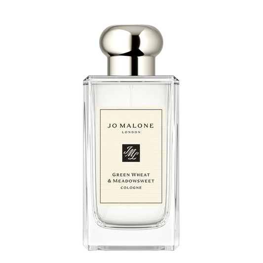100ml clear rectangular Jo Malone London Green Wheat & Meadowsweet Cologne bottle with a silver spherical cap and a cream textured label.