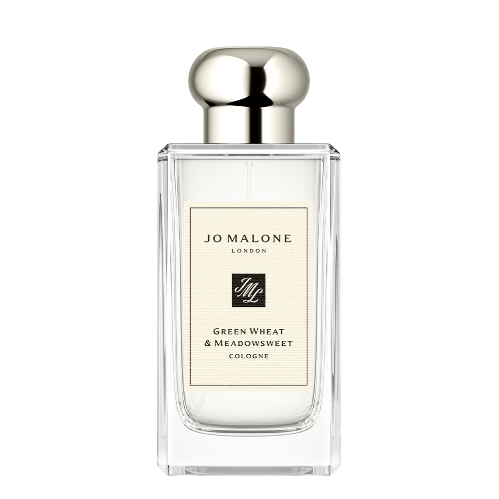 100ml clear rectangular Jo Malone London Green Wheat & Meadowsweet Cologne bottle with a silver spherical cap and a cream textured label.