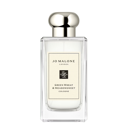 100ml clear rectangular Jo Malone London Green Wheat & Meadowsweet Cologne bottle with a silver spherical cap and a cream textured label.