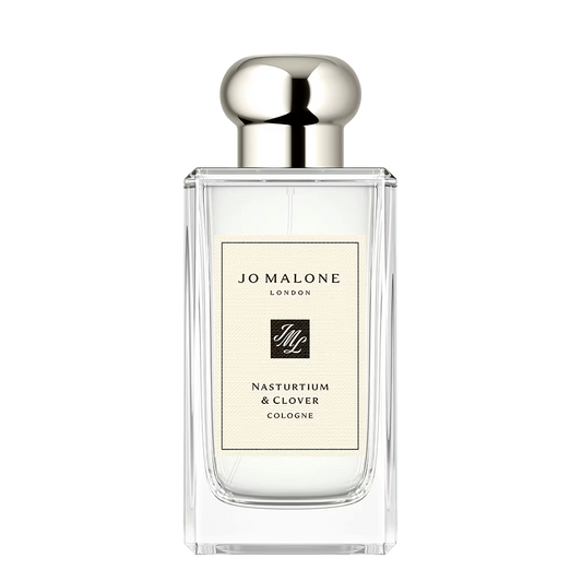 100ml clear glass Jo Malone London Nasturtium & Clover Cologne bottle with a silver cap and a cream label featuring black text.