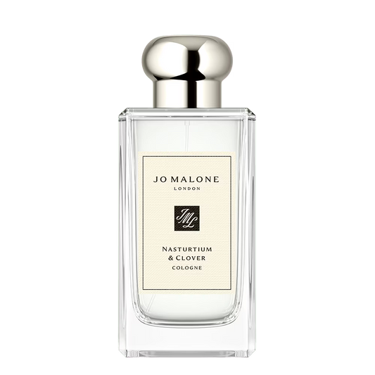 100ml clear glass Jo Malone London Nasturtium & Clover Cologne bottle with a silver cap and a cream label featuring black text.