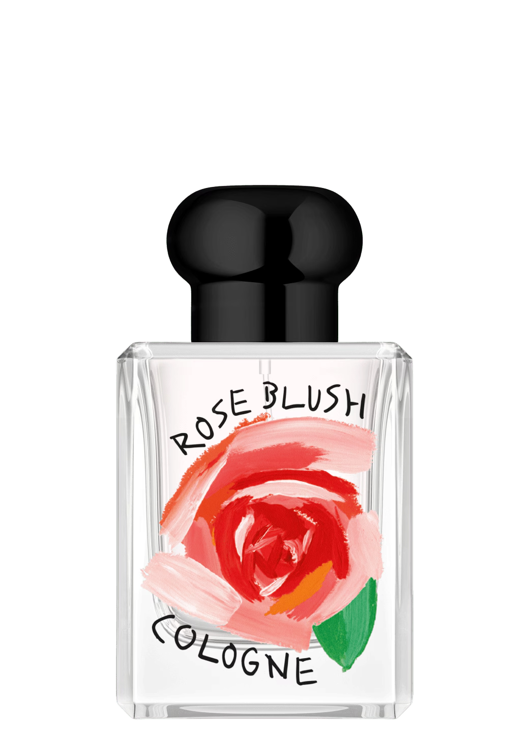 50ml clear Jo Malone Rose Blush bottle with black cap and an artistic pink rose illustration on the front.