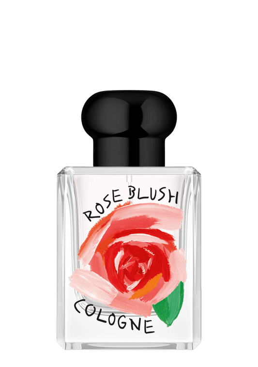 50ml clear Jo Malone Rose Blush bottle with black cap and an artistic pink rose illustration on the front.