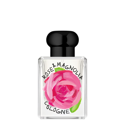 50ml clear Jo Malone Rose & Magnolia bottle with black cap and an artistic pink floral painting on the front.