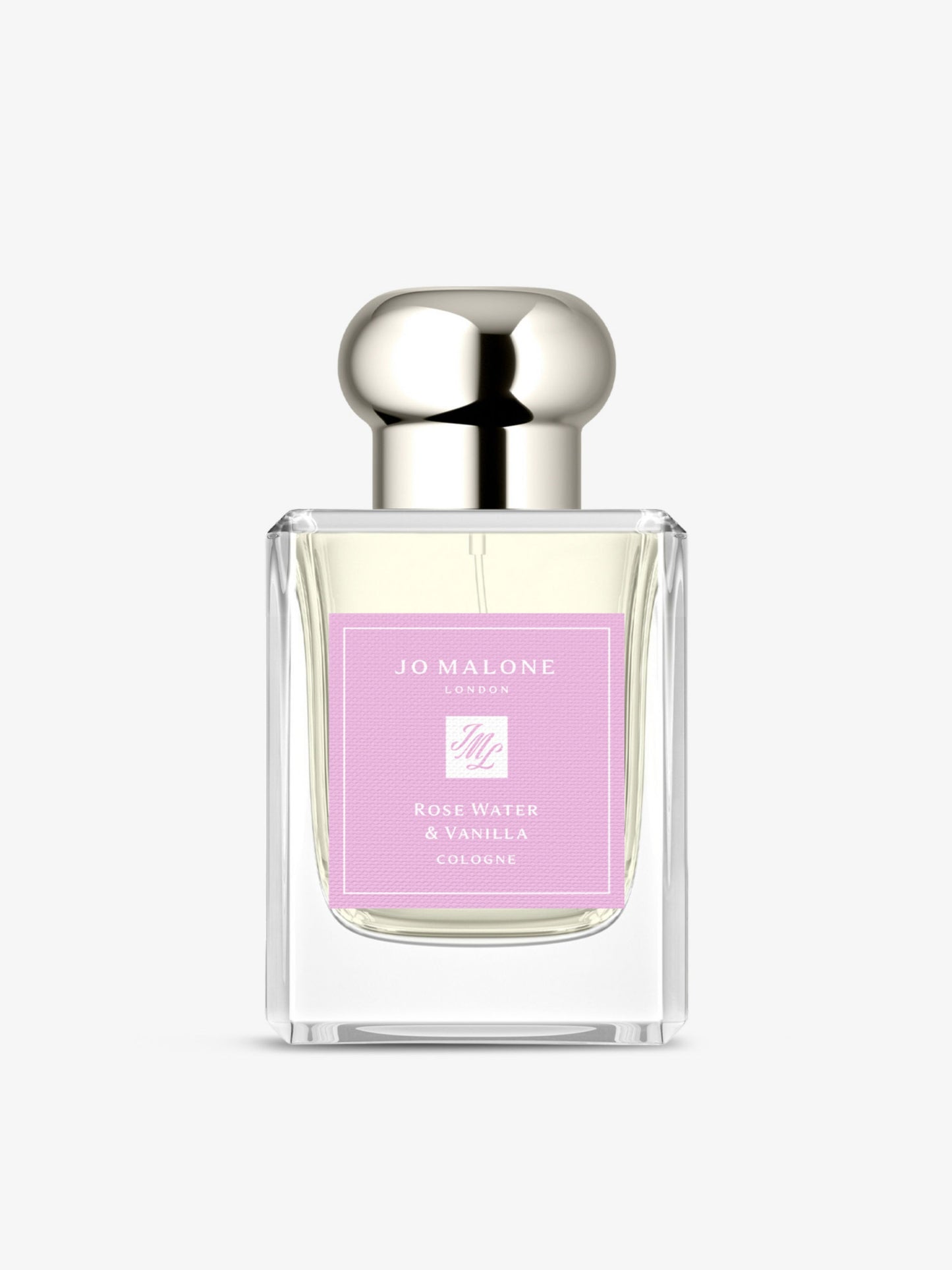 50ml clear Jo Malone Rose Water & Vanilla cologne bottle with silver cap and a textured pink square label.