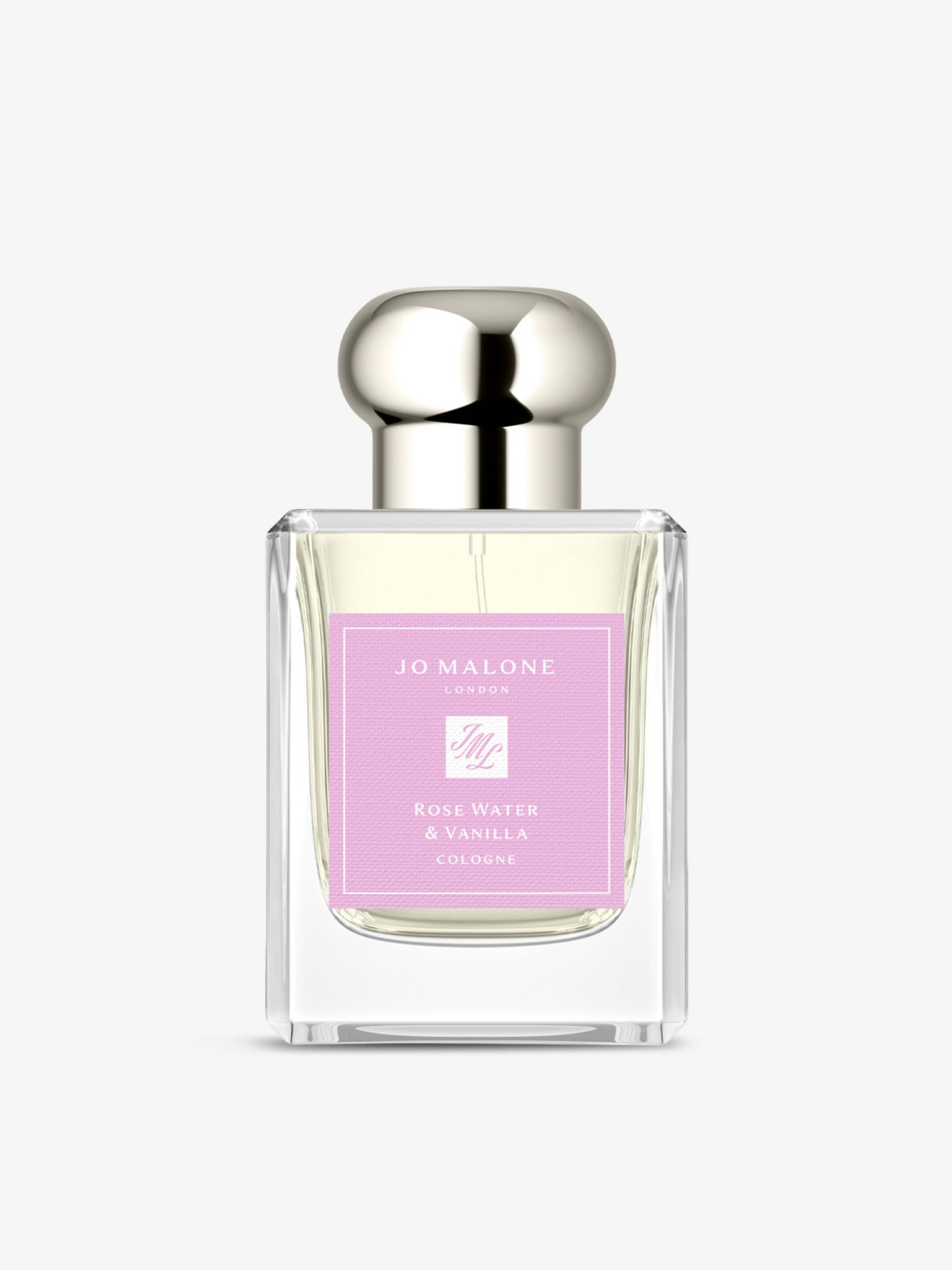 50ml clear Jo Malone Rose Water & Vanilla cologne bottle with silver cap and a textured pink square label.