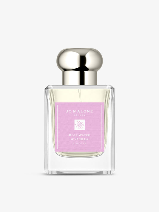 50ml clear Jo Malone Rose Water & Vanilla cologne bottle with silver cap and a textured pink square label.