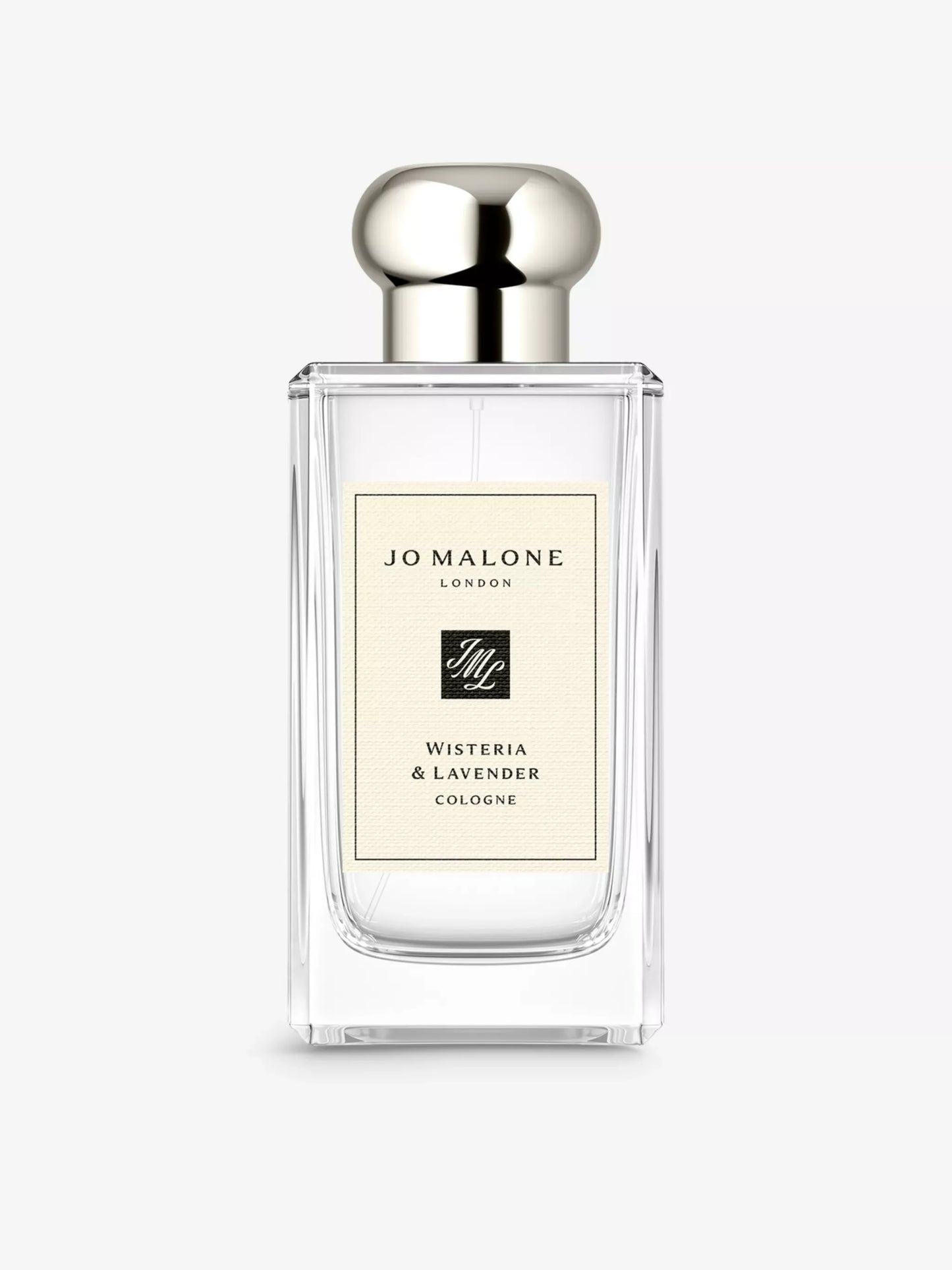 100ml clear glass Jo Malone London Wisteria & Lavender Cologne bottle with silver spherical cap and cream label.