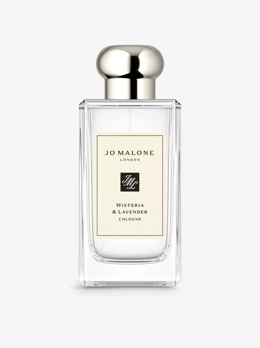 100ml clear glass Jo Malone London Wisteria & Lavender Cologne bottle with silver spherical cap and cream label.