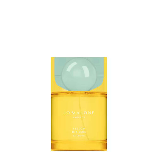 50ml cylindrical yellow Jo Malone Yellow Hibiscus bottle with a large spherical light blue cap.