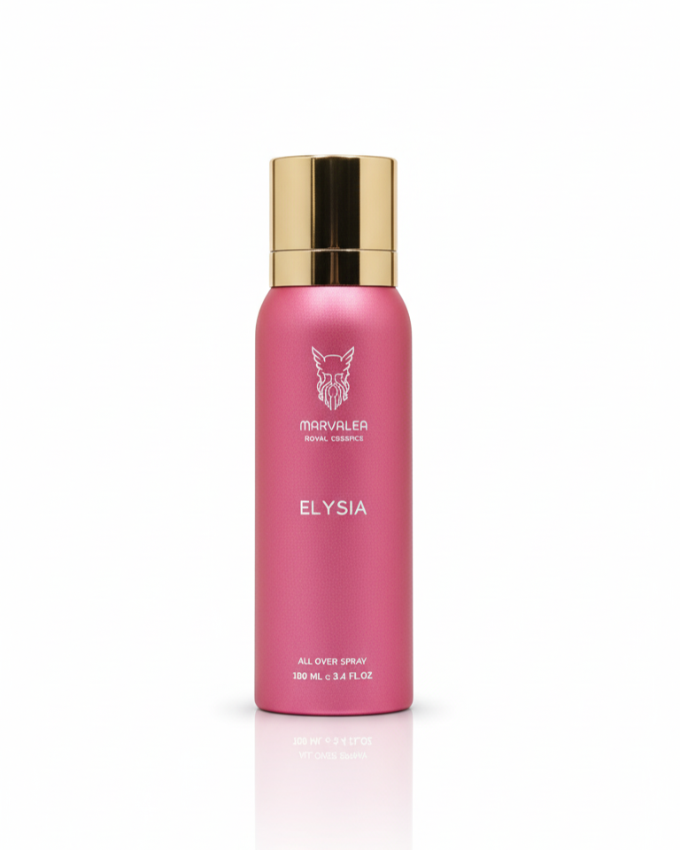 A 100ml rose-pink aerosol bottle of Marvalea Elysia All Over Spray from the Middle East, featuring a silver brand logo and a gold cap.