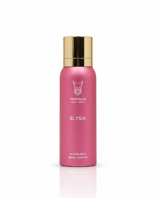 A 100ml rose-pink aerosol bottle of Marvalea Elysia All Over Spray from the Middle East, featuring a silver brand logo and a gold cap.