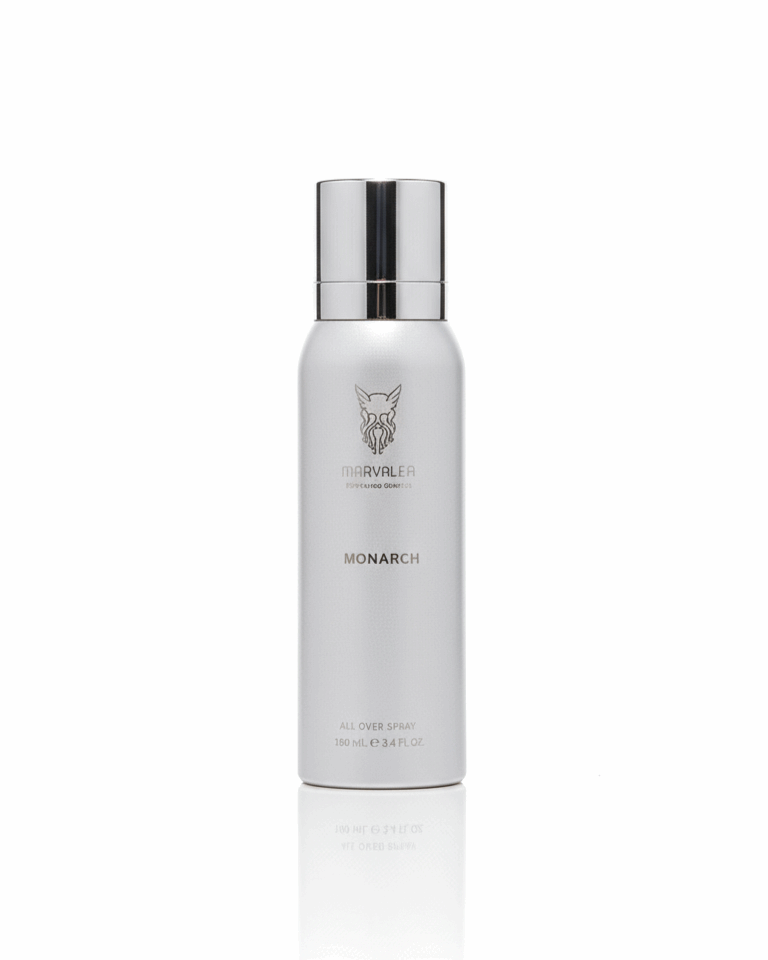 A 100ml sleek silver aerosol bottle of Marvalea Monarch All Over Spray from the Middle East, showcasing a black brand logo and a silver cap.