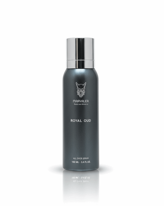 A 100ml matte black aerosol bottle of Marvalea Royal Oud All Over Spray from the Middle East, featuring a silver brand logo and silver cap. Smells like Oud Maracuja by Maison Crivell