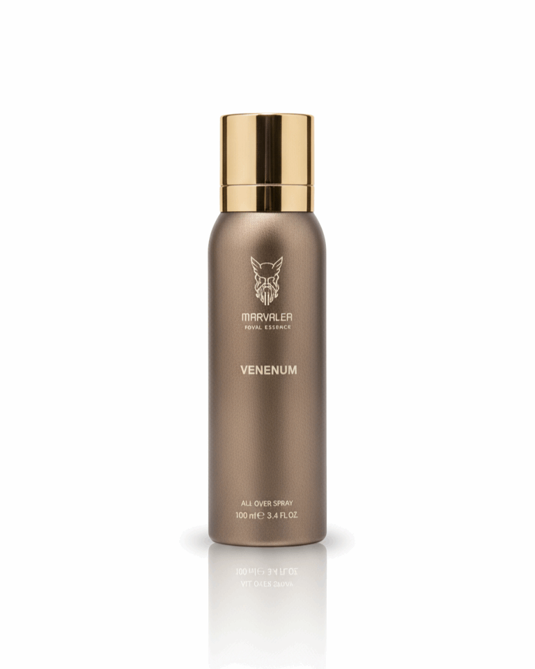 A 100ml bronze-toned aerosol bottle of Marvalea Venenum All Over Spray from the Middle East, featuring a black brand logo and a matching bronze cap.