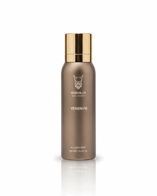 A 100ml bronze-toned aerosol bottle of Marvalea Venenum All Over Spray from the Middle East, featuring a black brand logo and a matching bronze cap.