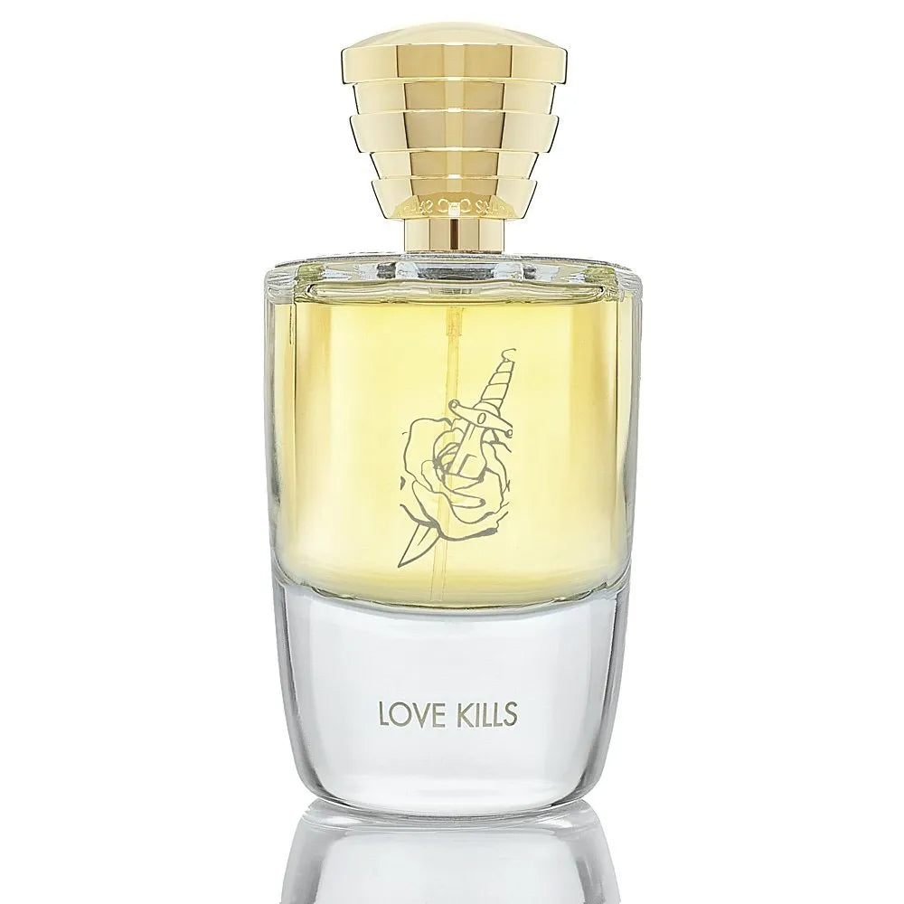 100ml clear glass Masque Milano Love Kills bottle with gold tiered cap and a rose and dagger sketch.