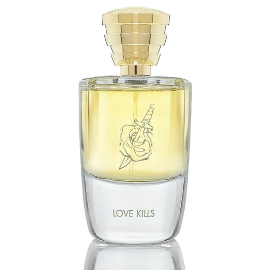 100ml clear glass Masque Milano Love Kills bottle with gold tiered cap and a rose and dagger sketch.
