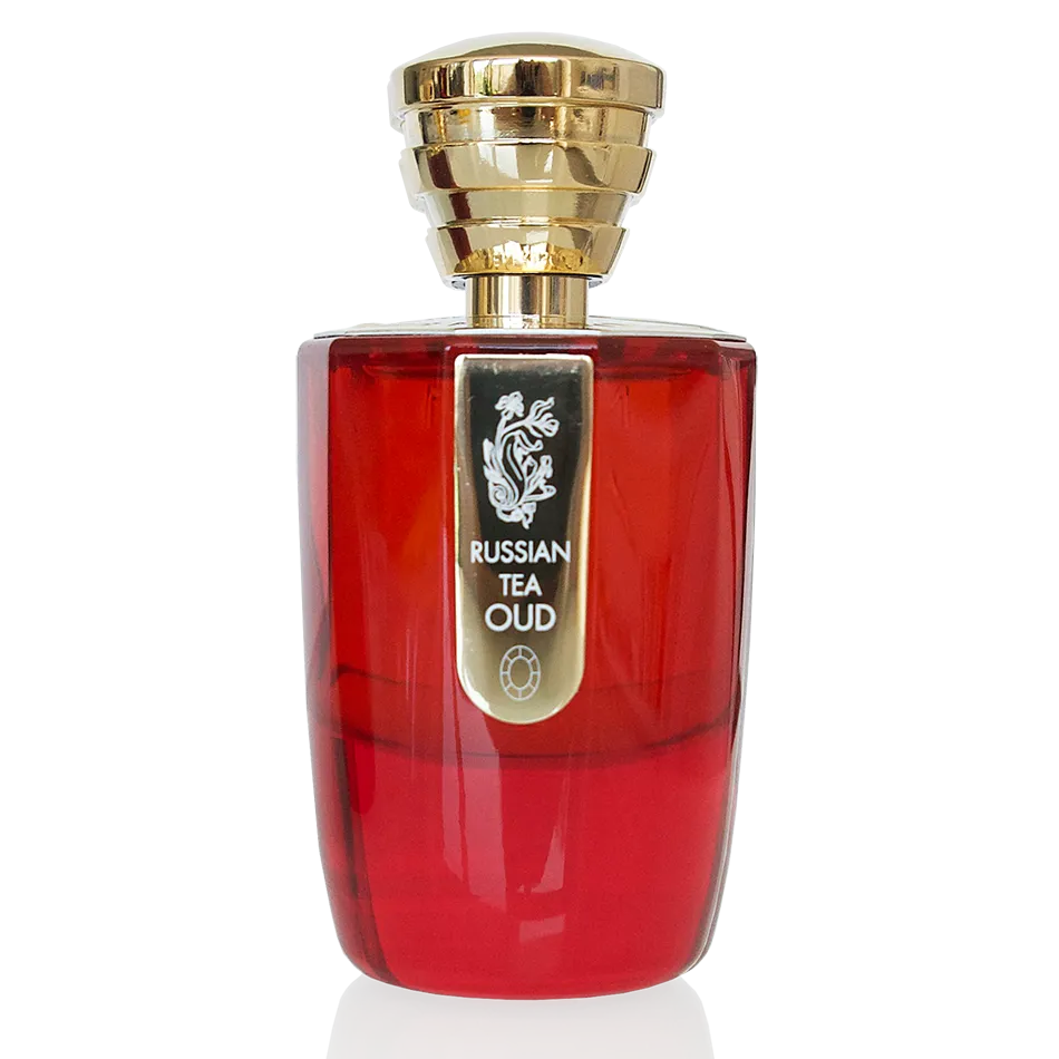 100ml red glass Masque Milano Russian Tea Oud bottle with a gold tiered cap and gold vertical label.