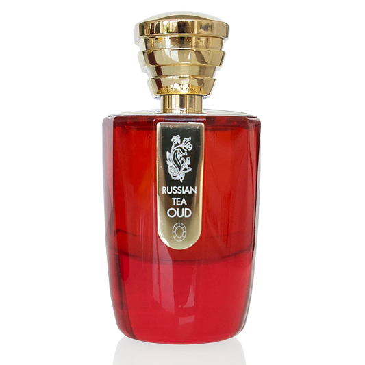 100ml red glass Masque Milano Russian Tea Oud bottle with a gold tiered cap and gold vertical label.