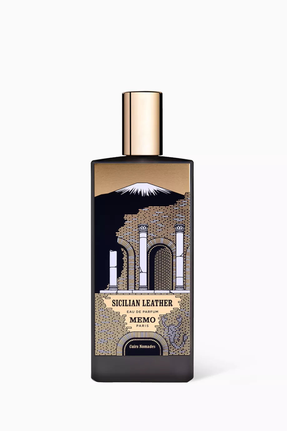75ml Memo Paris Sicilian Leather bottle with an etched gold-toned plate and matching gold cap.