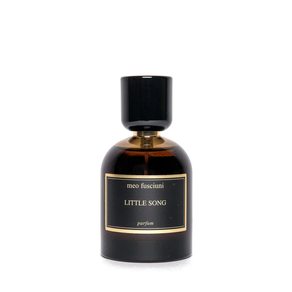 100ml dark amber rounded glass bottle with a wide black cap and a black label with gold borders.