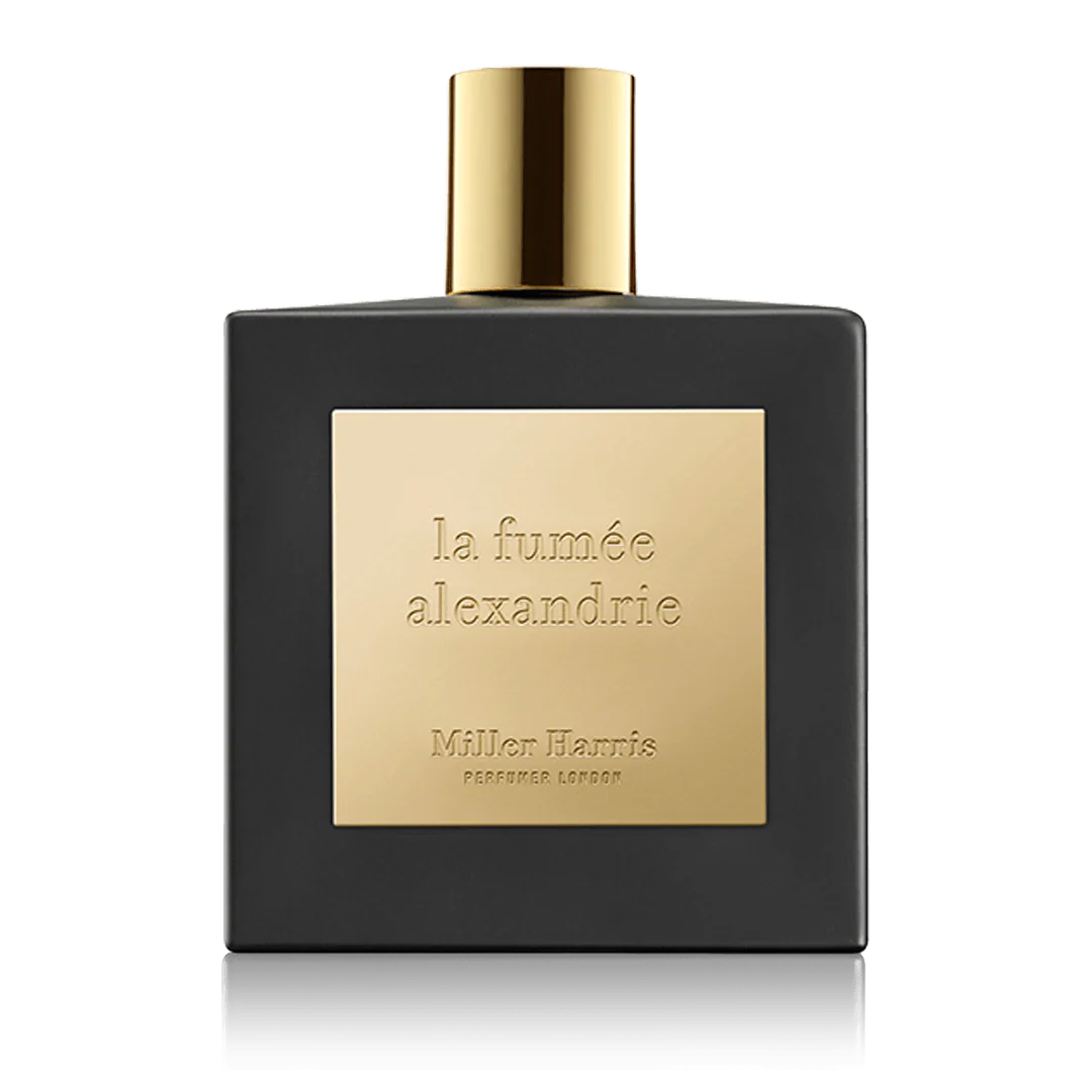 100ml matte black square Miller Harris La Fumée Alexandrie bottle with a gold cap and a large square gold label featuring embossed text.