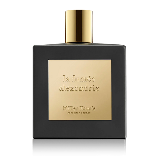 100ml matte black square Miller Harris La Fumée Alexandrie bottle with a gold cap and a large square gold label featuring embossed text.