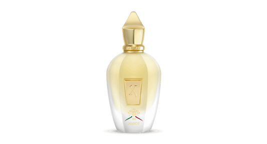 100ml frosted glass bottle with yellow liquid, a gold "X" plaque, and a pointed gold crown cap.