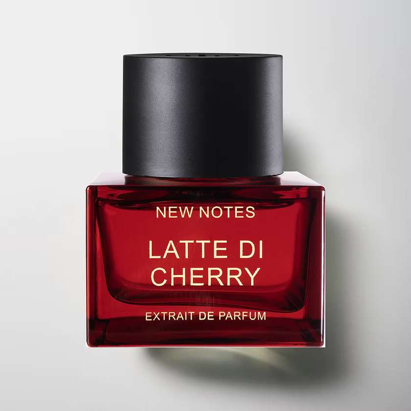 50ml ruby red square New Notes Latte di Cherry bottle with a large matte black cap and gold lettering.